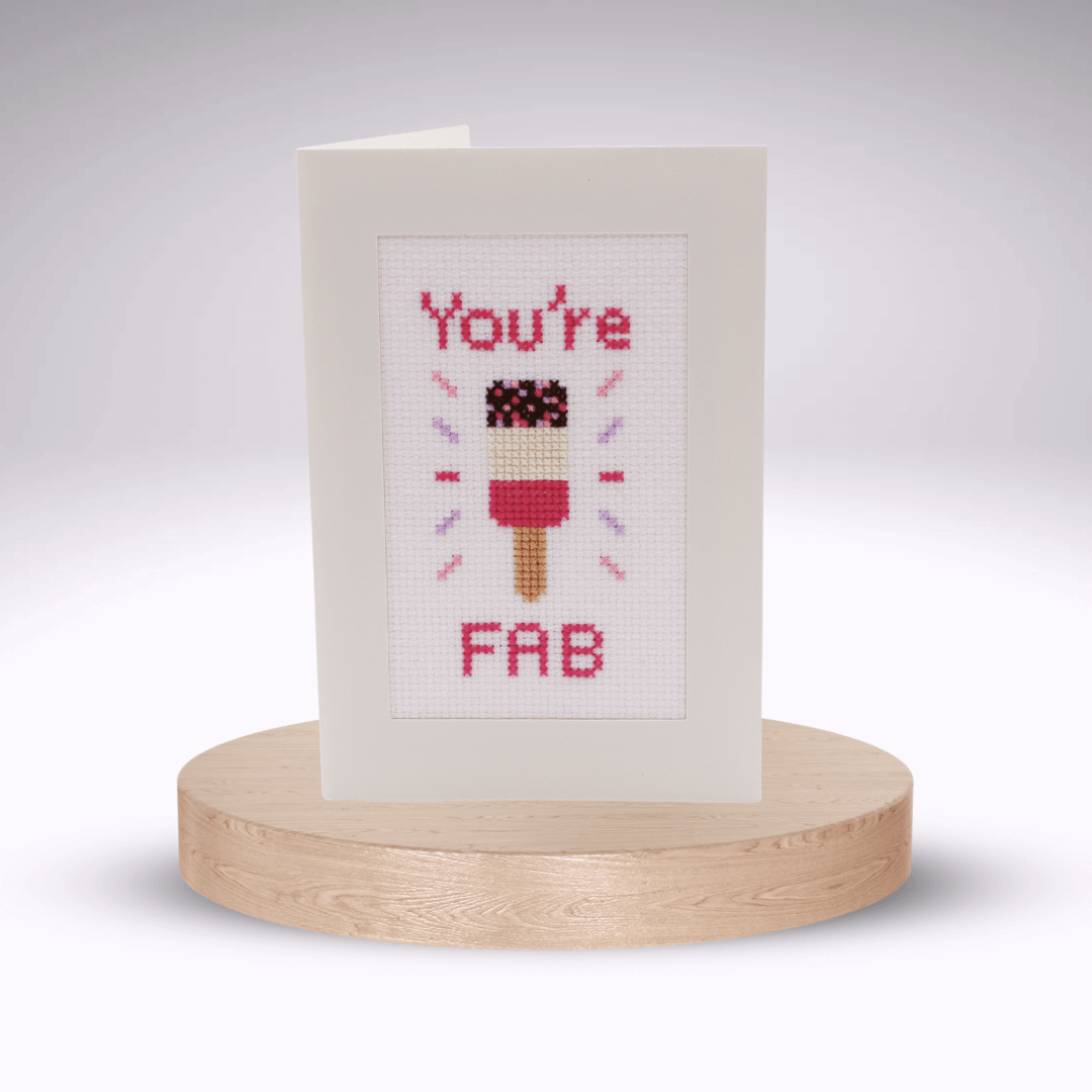 You're Fab Cross-stitch Card Kit. Cream aperture card.