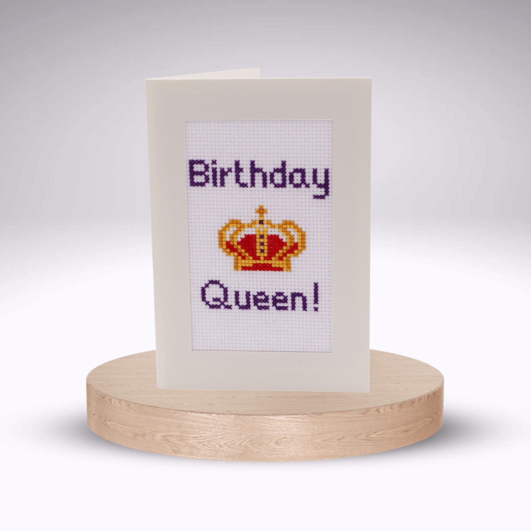 Birthday Queen Cross-stitch Card Kit. Cream aperture card.