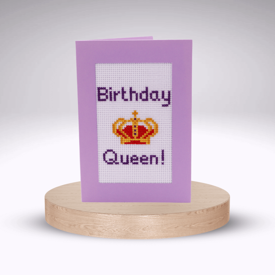 Birthday Queen Cross-stitch Card Kit. Purple aperture card.