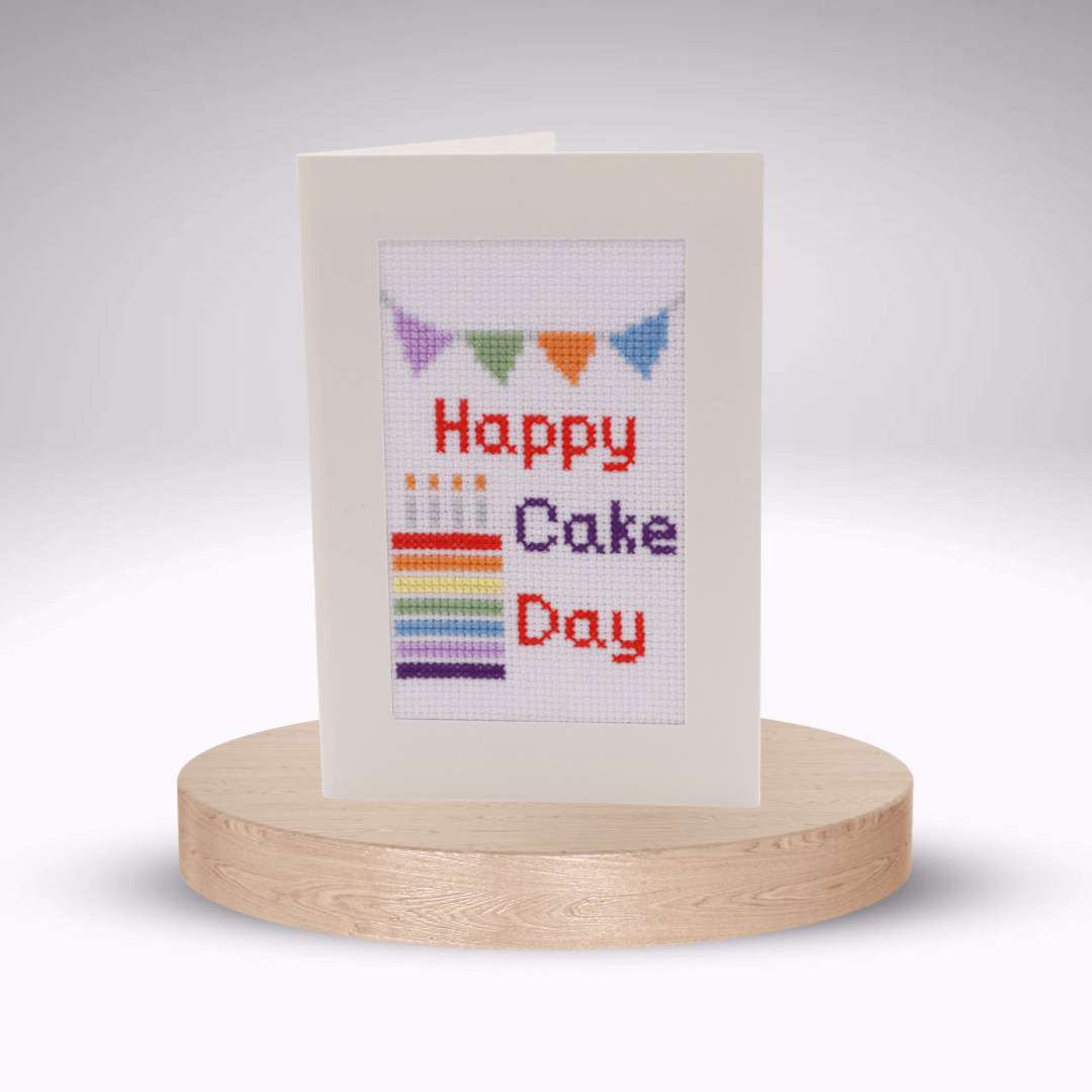 Happy Cake Day Cross-stitch Card Kit. Cream aperture card.