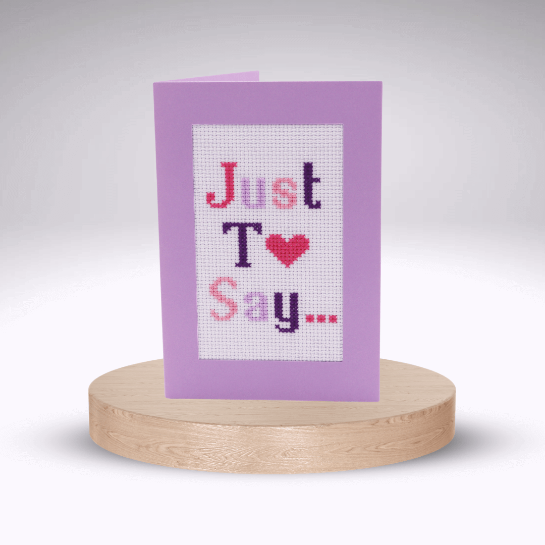 Just To Say (Heart Design) Cross-stitch Card Kit. Purple aperture card.