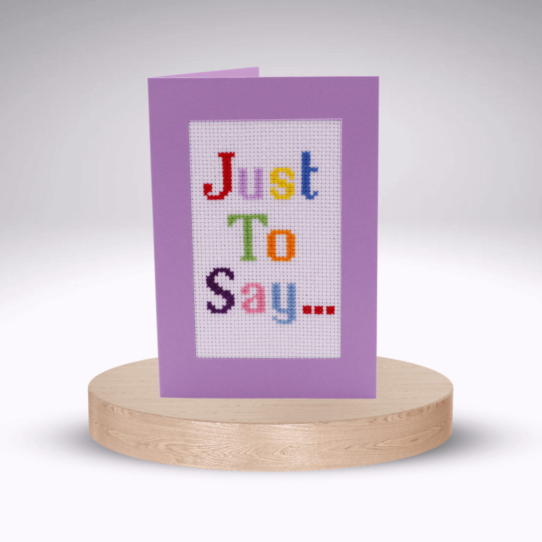 Just To Say Cross-stitch Card Kit. Purple aperture card.