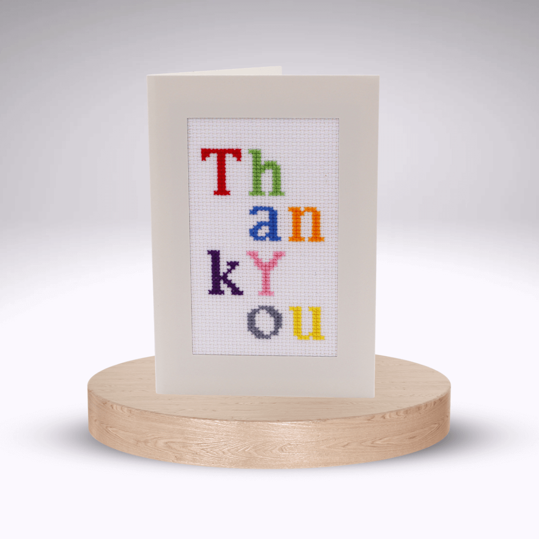 Thank You Cross-stitch Card Kit. Cream aperture card.