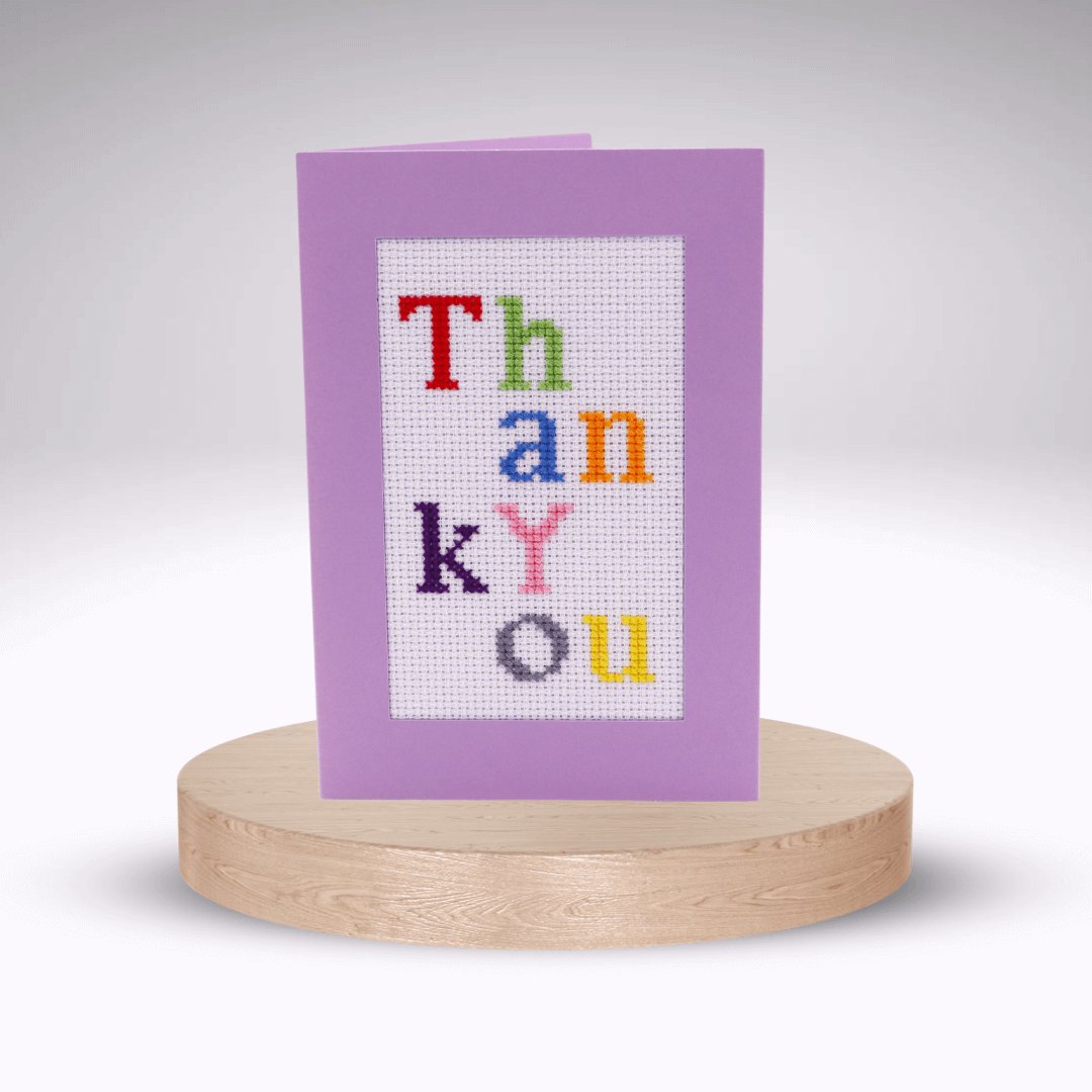 Thank You Cross-stitch Card Kit. Purple aperture card.