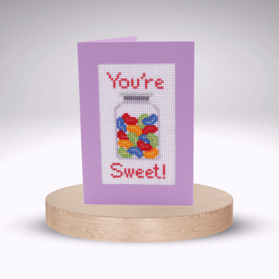 You're Sweet Cross-stitch Card Kit. Purple aperture card.