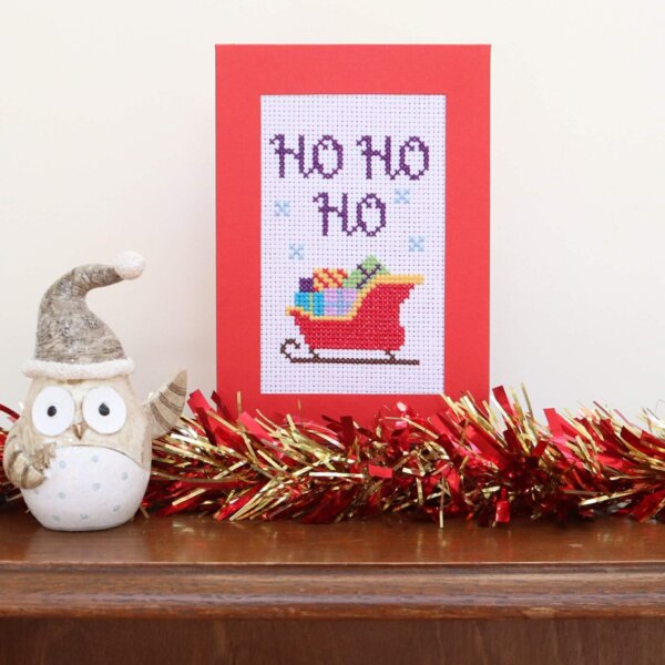 Christmas Sleigh Cross-stitch Card Kit. Red aperture card.