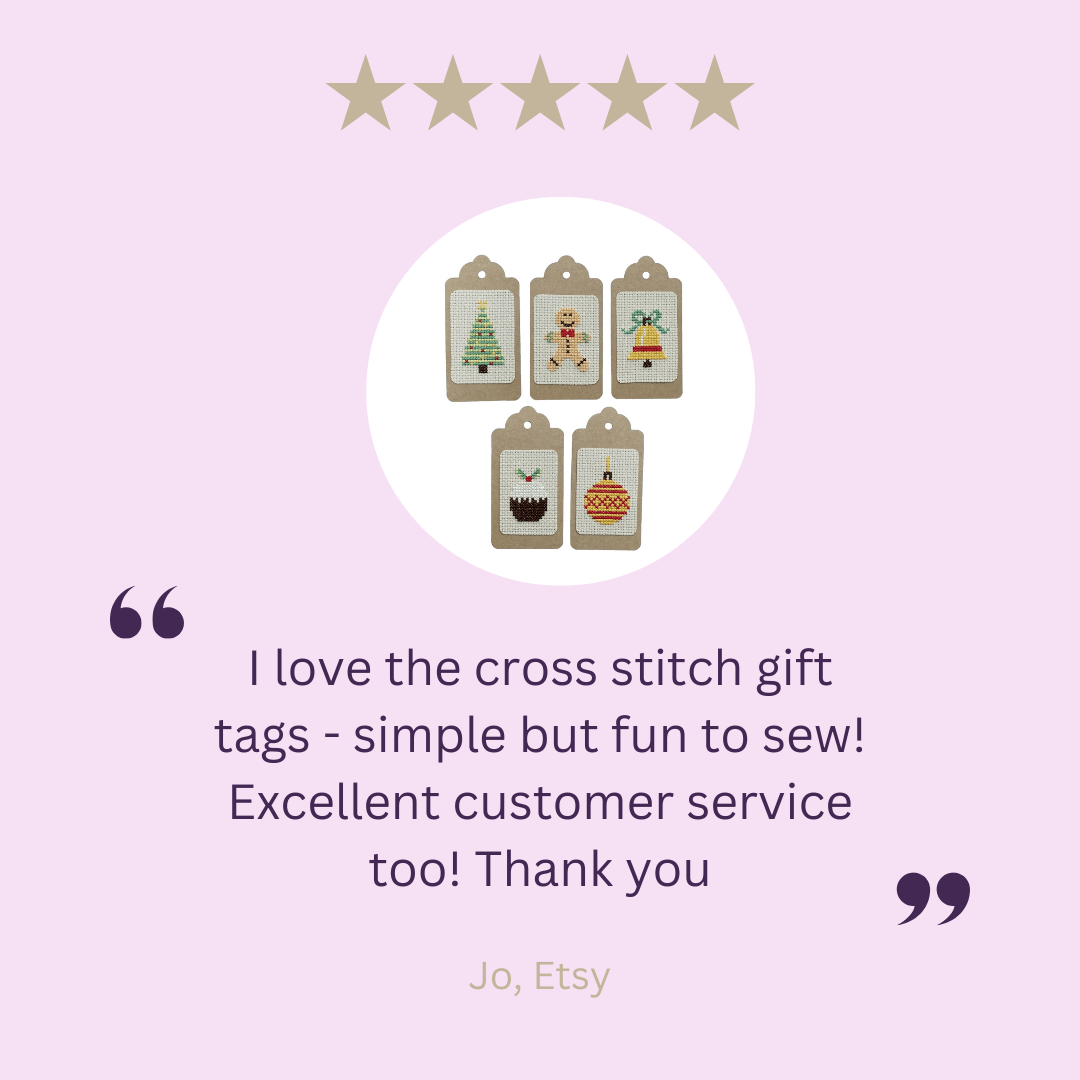 Testimonial: I love the cross stitch gift tags - simple but fun to sew! Excellent customer service too! Thank you