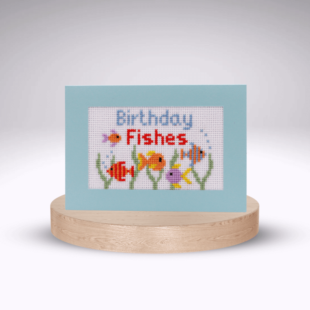 Birthday Fishes Cross-stitch Card Kit. Blue aperture card.